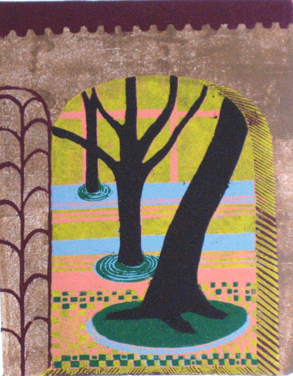 Průhled do zahrady, 2008, barevný linoryt, 51x42 cm